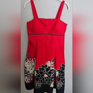 Vtg Babydoll Dress Women’s Size 10 Red Black White Floral Sundress Smocked Back